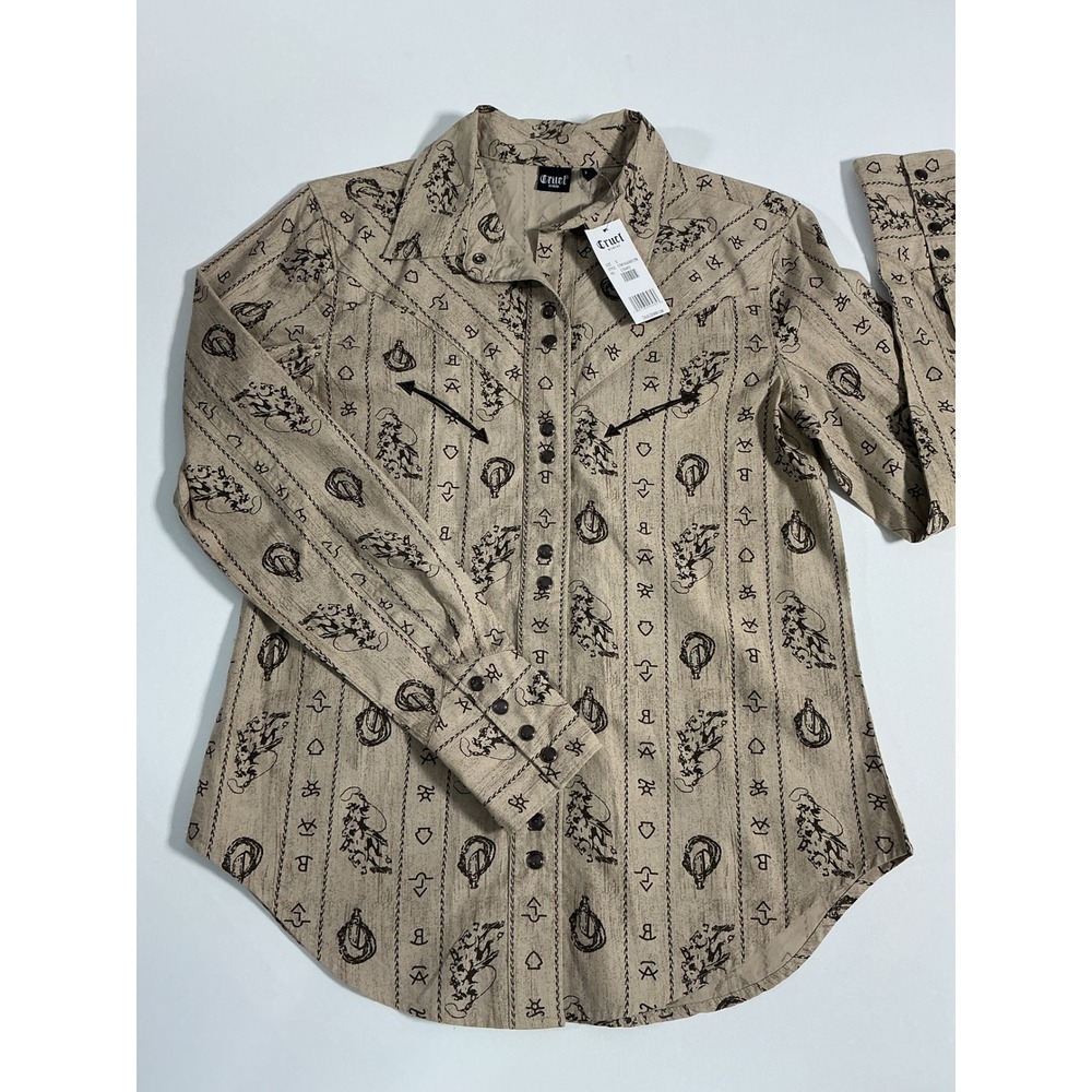 NWT Cruel Denim Western Snap Shirt Stone Cattlemen Brand Retro Size S